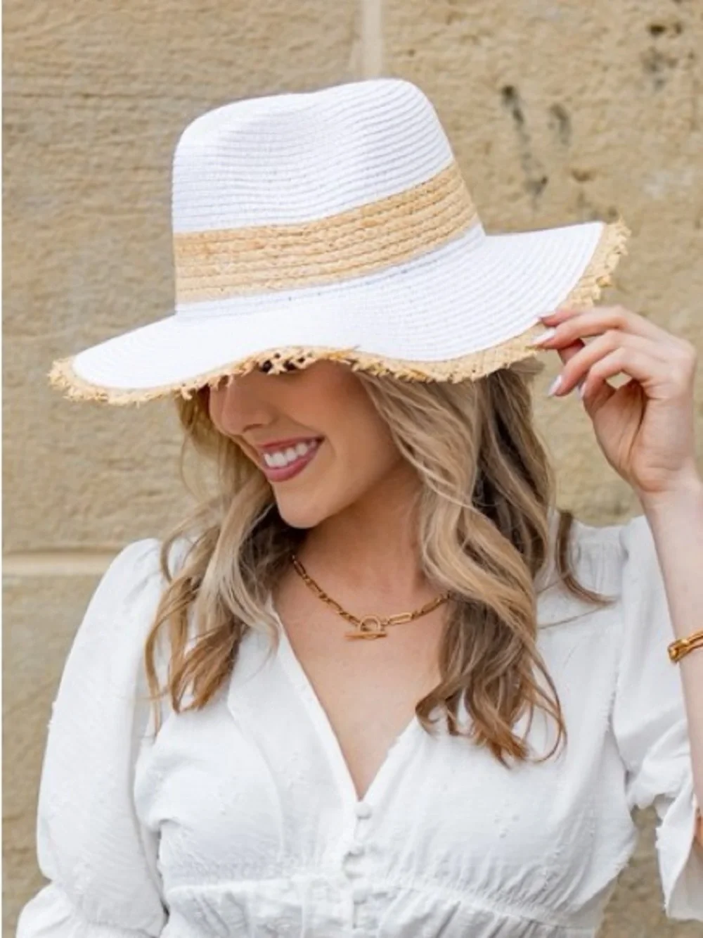 White and Natural Straw Wide Brim Sun Hat - Women Accessories